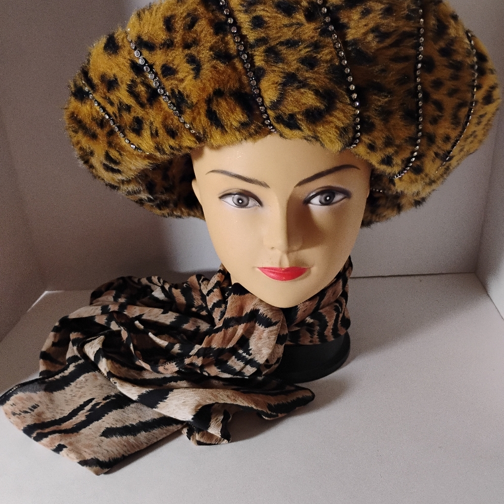 Ann Marie Leopard Fur/Rhinestones Hat/w Scarf